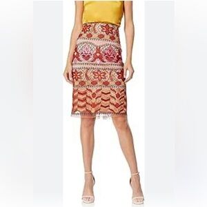 ECI Floral Pencil Midi Skirt Red and Orange Embroidery Spring Wear Size 12
